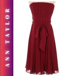 NWT XS Ann Taylor Dark Red Polyester Strapless Pleaded Dress Prom Brides…